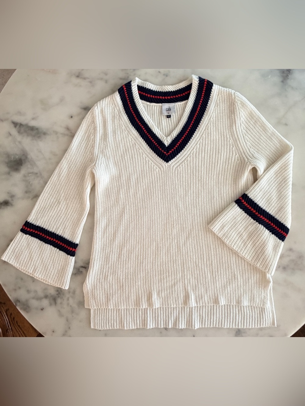 NWOT Cabi #5639 Ace Pullover XS Ivory Navy Red Preppy V Neck Sweater